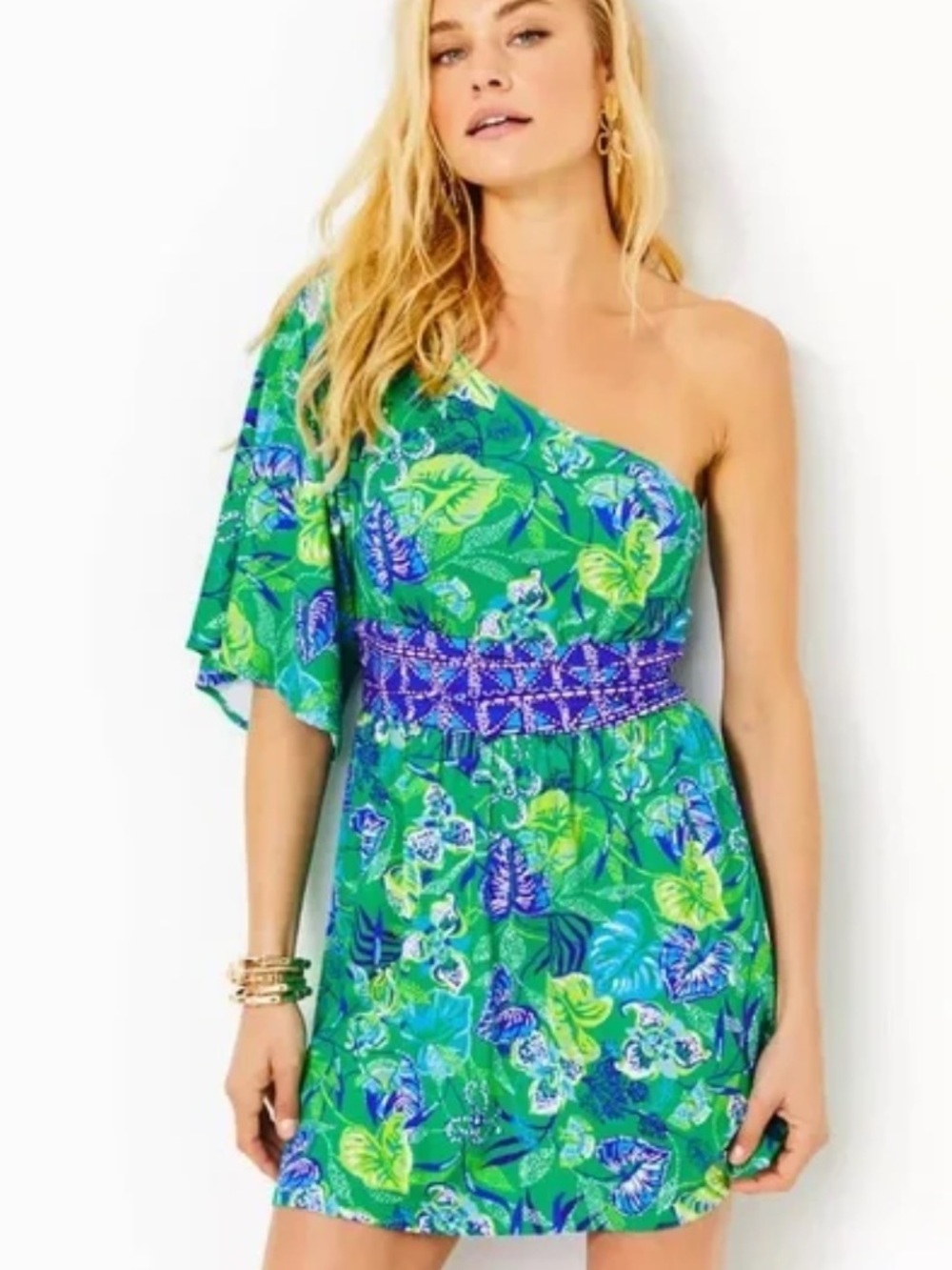 Lilly Pulitzer Green One-Shoulder Tropical Print Dress with Purple Beaded Waist